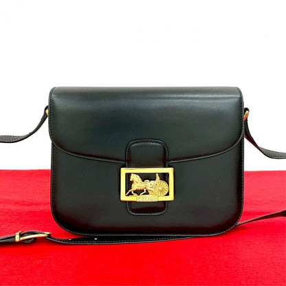 CELINE Shoulder Bag leather black Carriage Metal Women Used Authentic