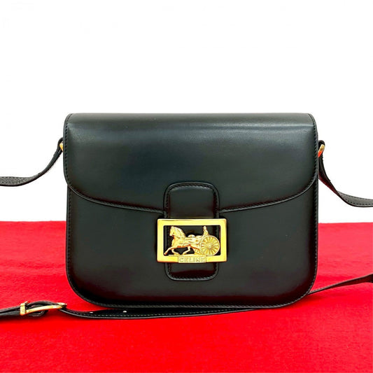 CELINE Shoulder Bag leather black Carriage Metal Women Used Authentic