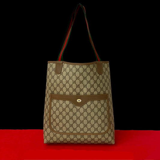 GUCCI Tote Bag Leather, PVC Brown GG logo Metal Sherry line Women Used Authentic