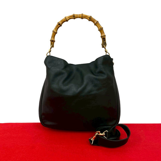 GUCCI Shoulder Bag leather black Bamboo