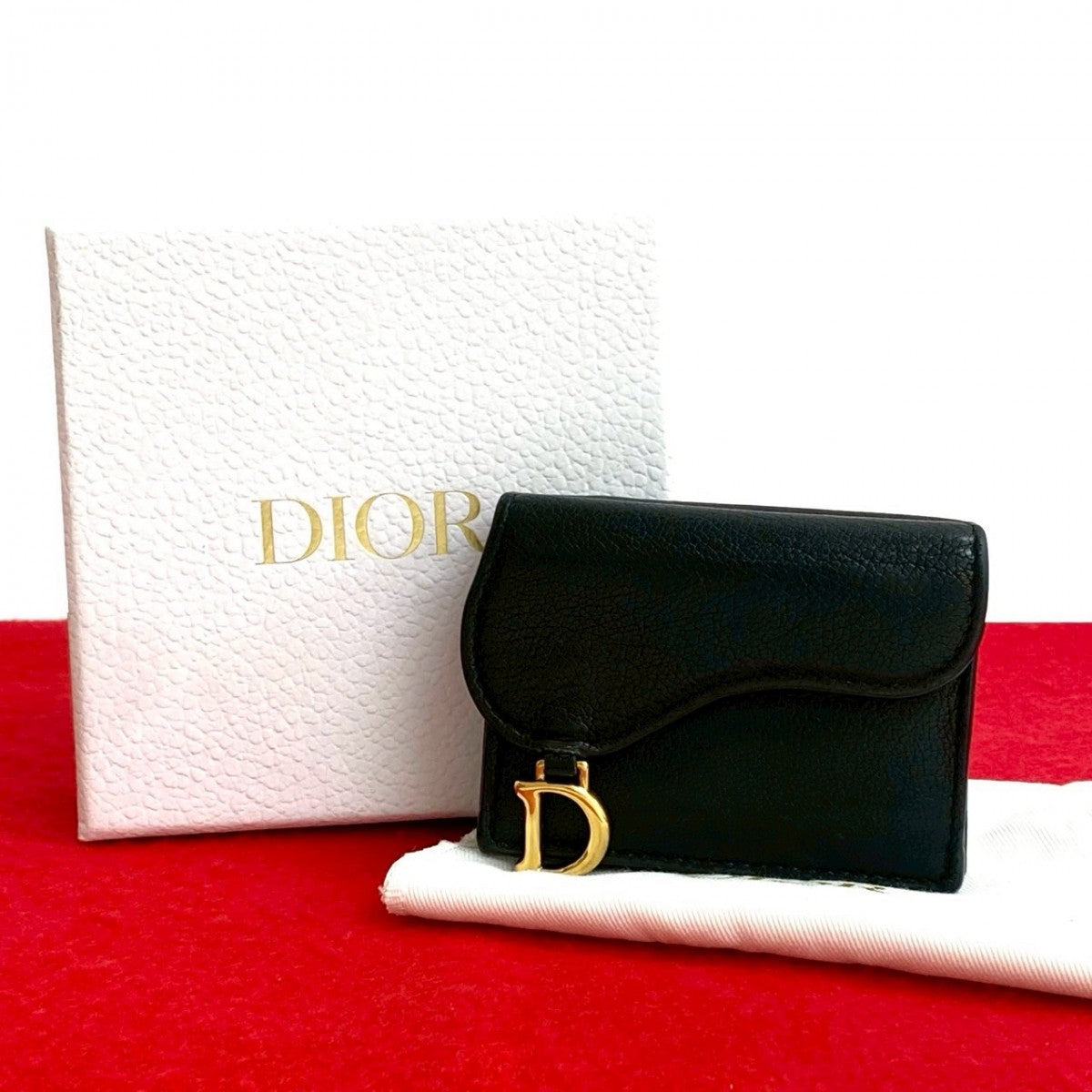 Dior Tri-fold wallet leather black saddle lotus wallet
