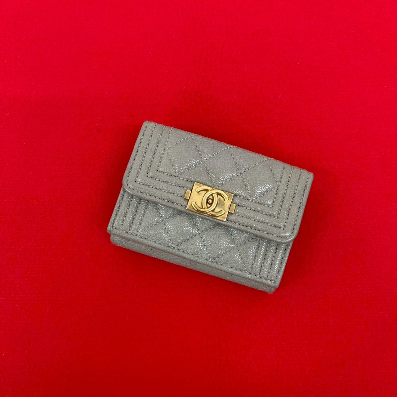 CHANEL Tri-fold wallet Matt caviar skin gray Matrasse Boy chanel