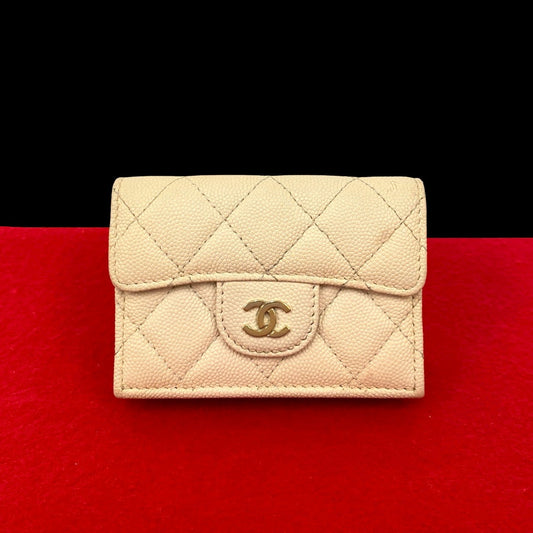 CHANEL Tri-fold wallet Matt caviar skin beige Matrasse
