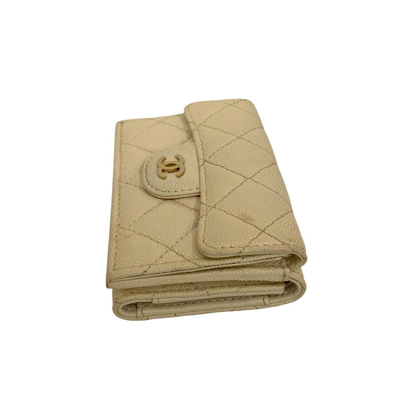 CHANEL Tri-fold wallet Matt caviar skin beige Matrasse