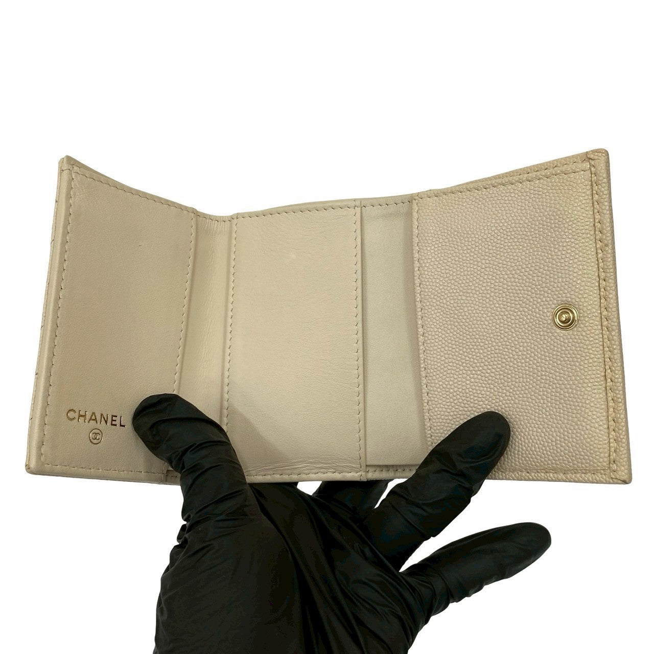 CHANEL Tri-fold wallet Matt caviar skin beige Matrasse