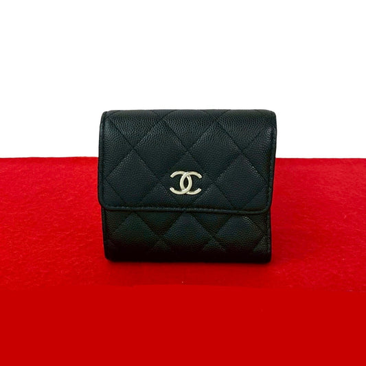 CHANEL Tri-fold wallet Matt caviar skin black Matrasse