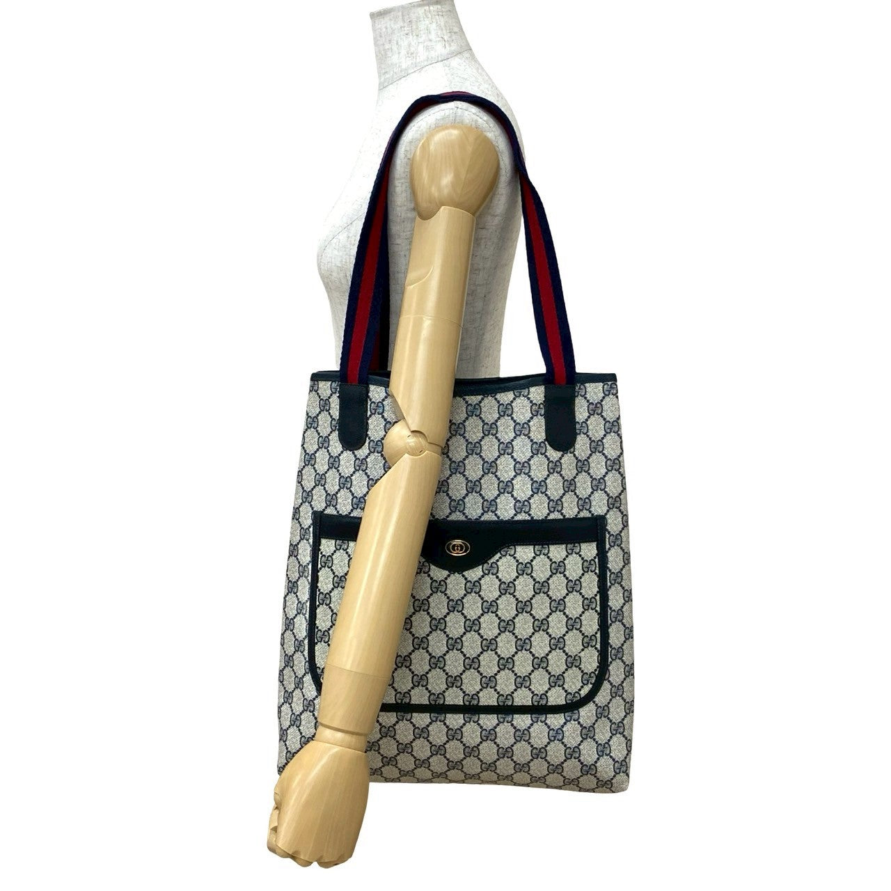 GUCCI Tote Bag leather Navy Sherry line