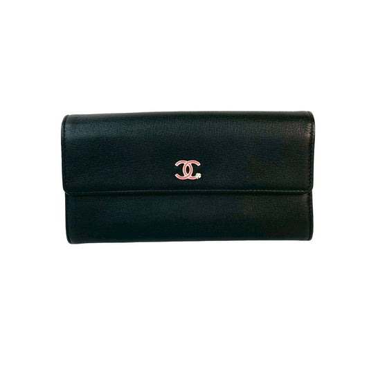 CHANEL Long Wallet Purse leather black