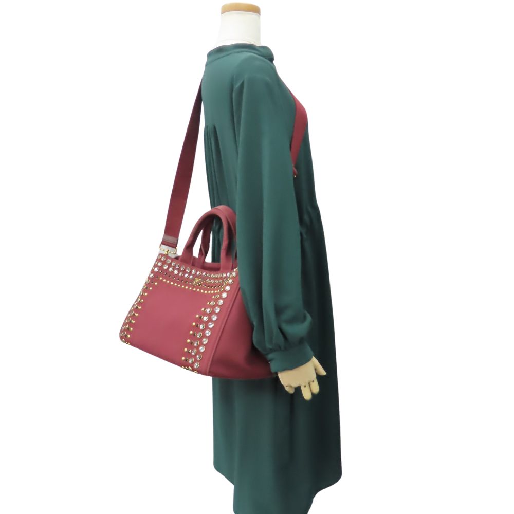 PRADA Tote Bag B2642O canvas Amarrant Studs Canapa Women Used Authentic
