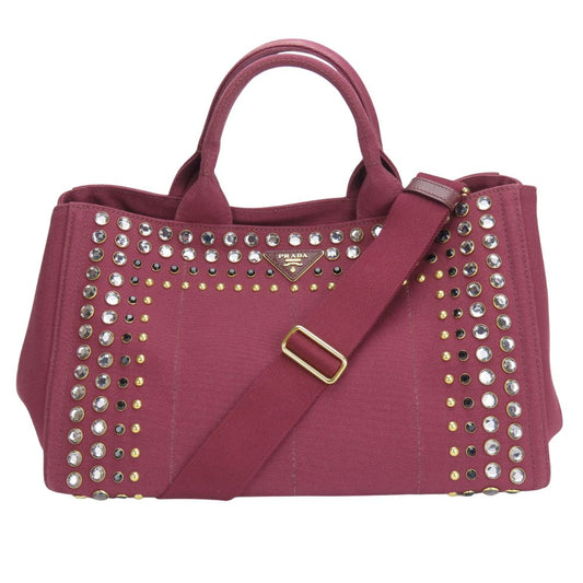 PRADA Tote Bag B2642O canvas Amarrant Studs Canapa Women Used Authentic
