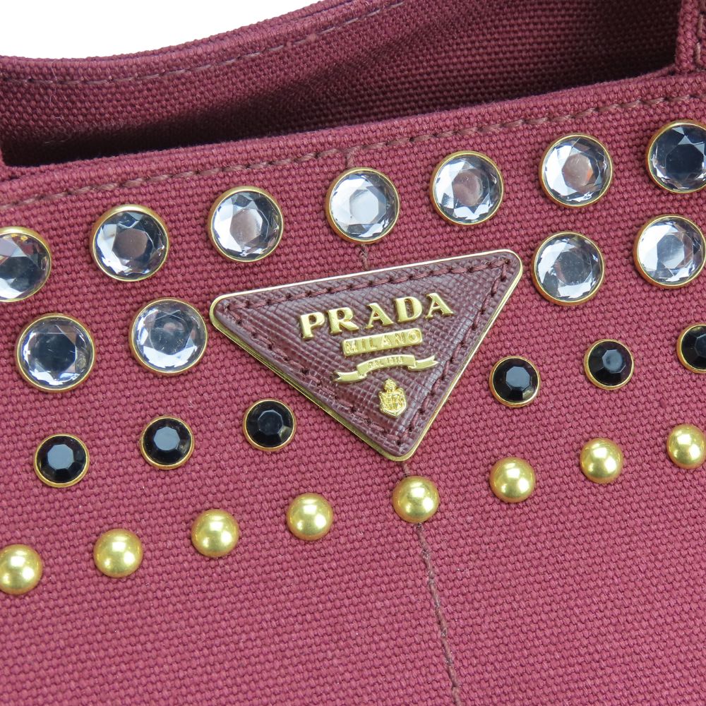 PRADA Tote Bag B2642O canvas Amarrant Studs Canapa Women Used Authentic