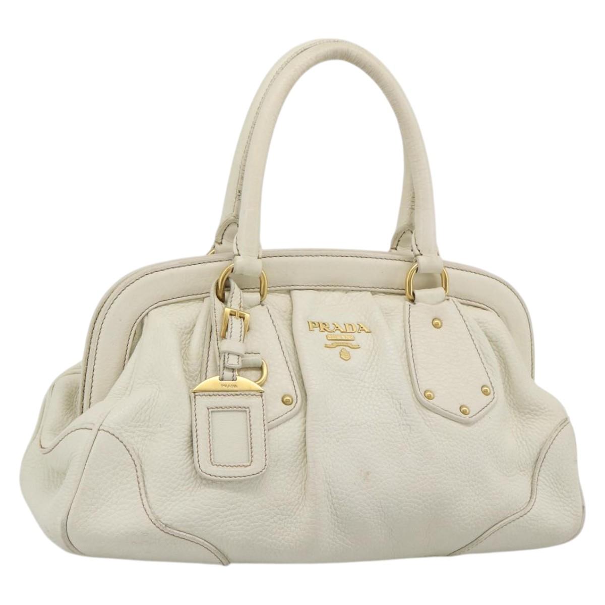 PRADA Hand Bag Vitello Daino Leather White Gold
