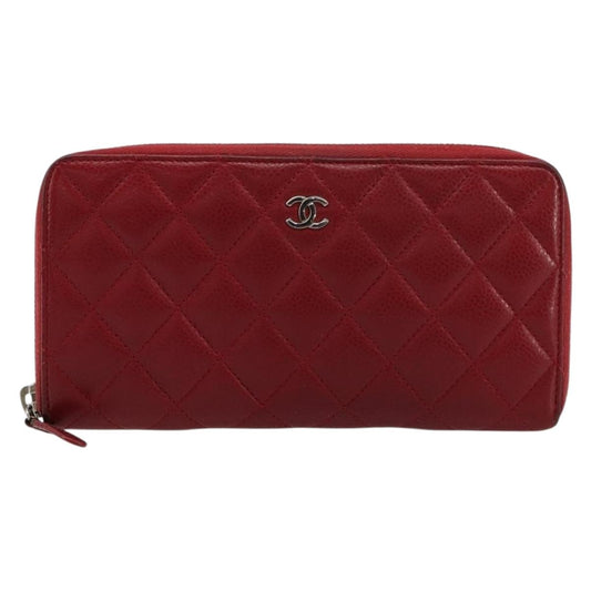 CHANEL Matelasse Long Wallet Caviar Skin Red Silver CC