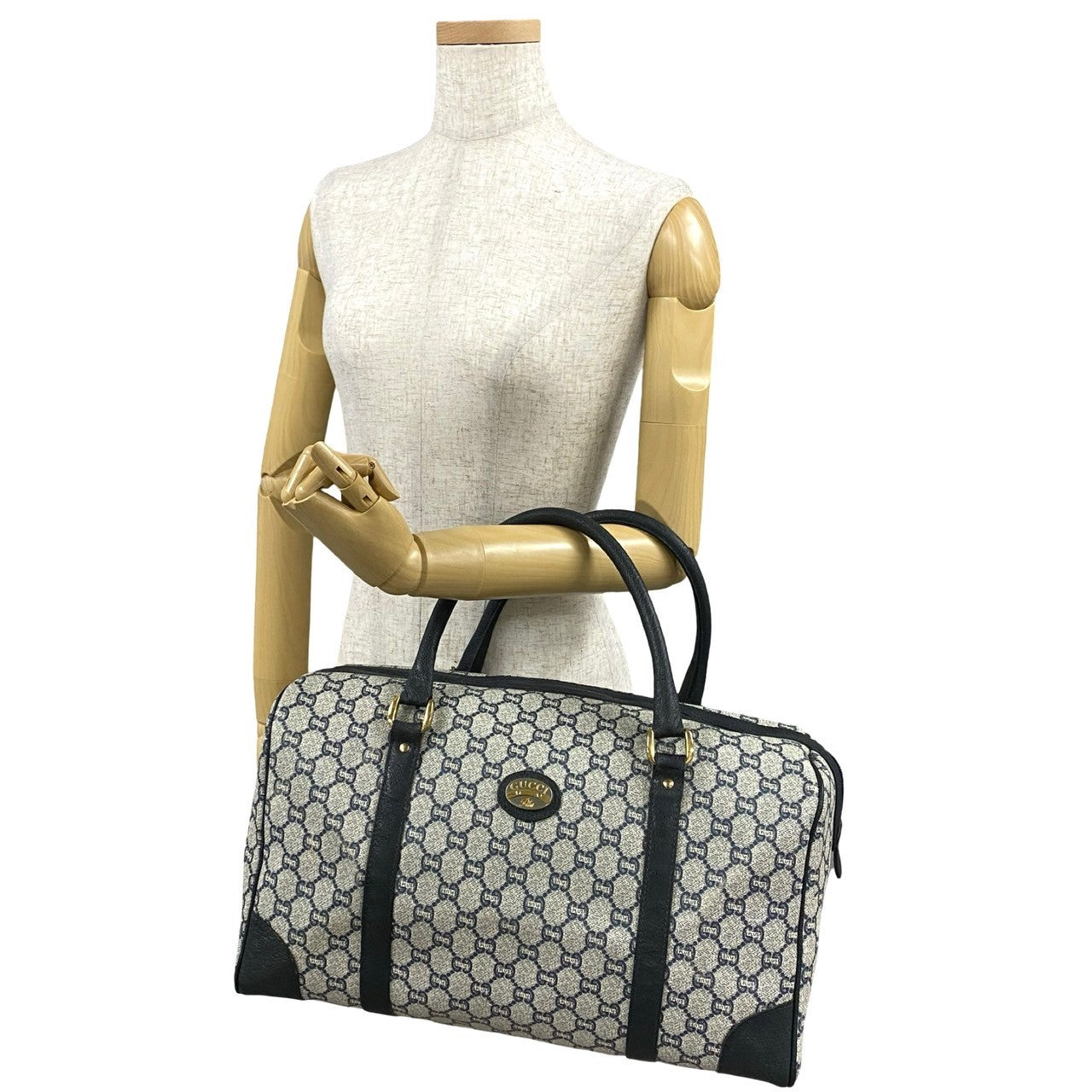 GUCCI Boston Duffel bag Leather, PVC Navy Gucci Plus logo Metal Women Used Authentic