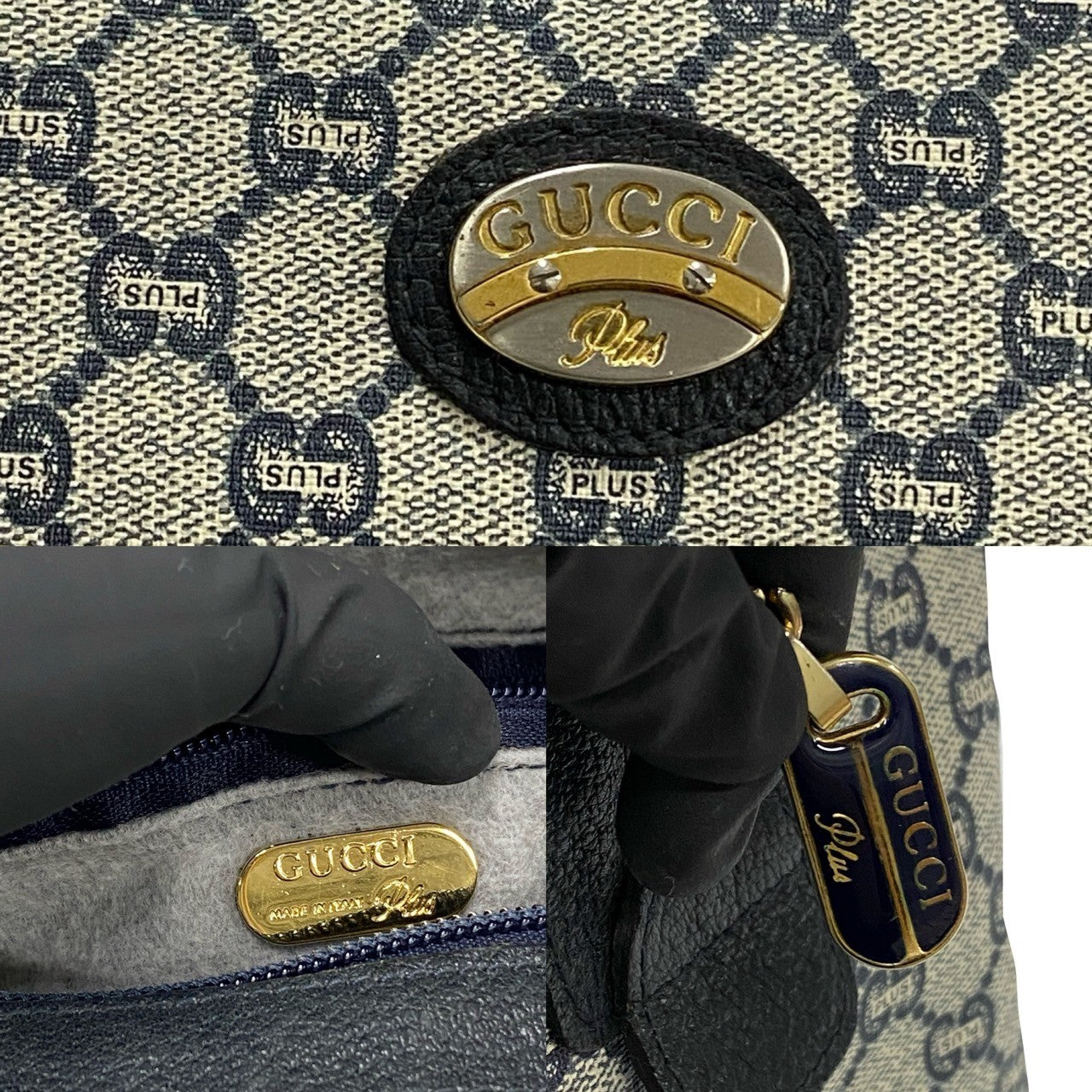 GUCCI Boston Duffel bag Leather, PVC Navy Gucci Plus logo Metal Women Used Authentic