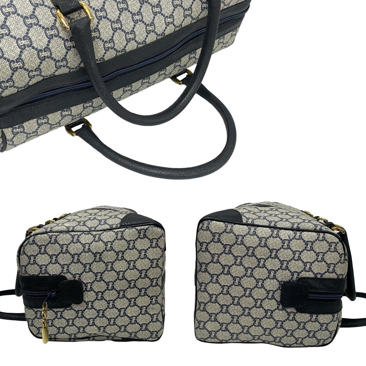 GUCCI Boston Duffel bag Leather, PVC Navy Gucci Plus logo Metal Women Used Authentic