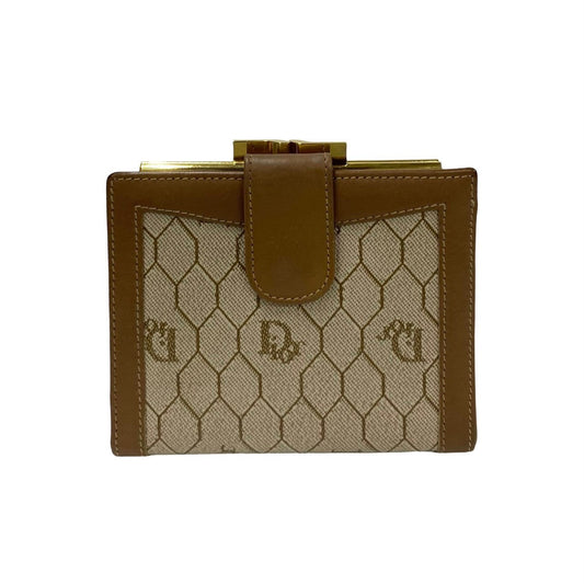 Dior Bifold Wallet Leather, PVC Brown Honeycomb Pattern Women Used Authentic
