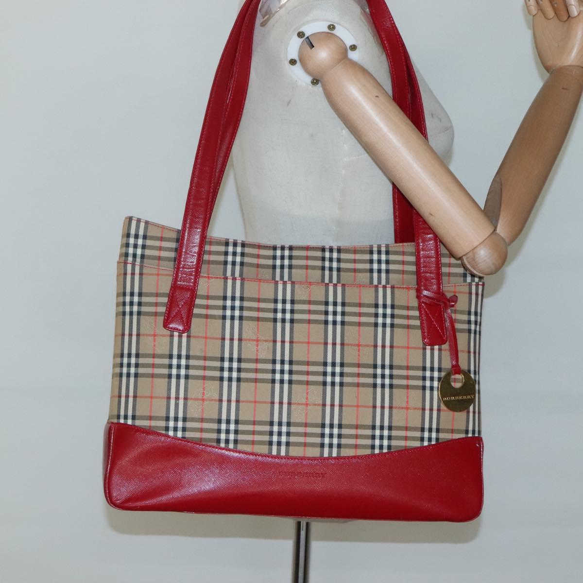 BURBERRY Nova Check Hand Bag Canvas Red Beige Gold