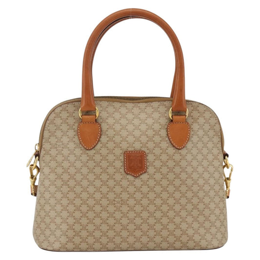 CELINE Two Way Macadam Canvas HandBag Beige Gold Auth