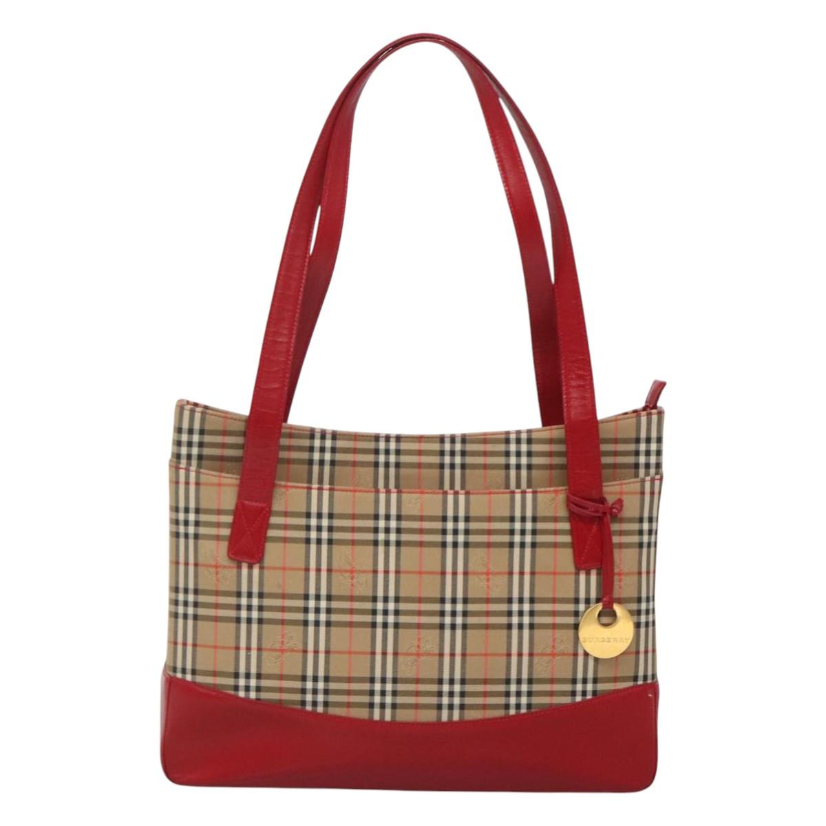 BURBERRY Nova Check Hand Bag Canvas Red Beige Gold