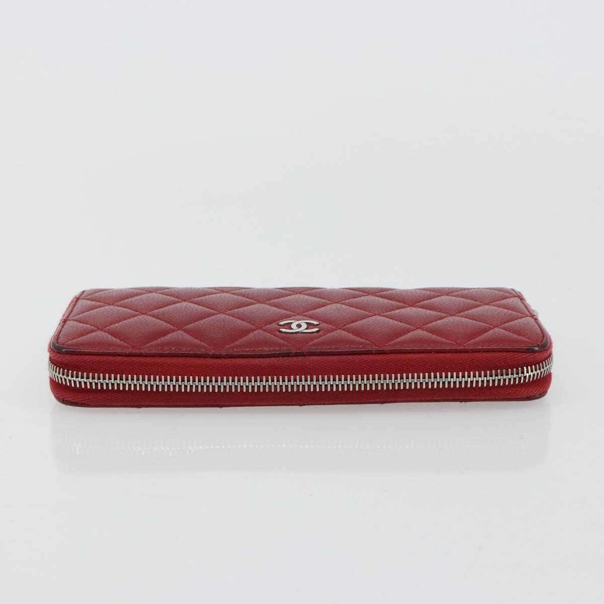 CHANEL Matelasse Long Wallet Caviar Skin Red Silver CC