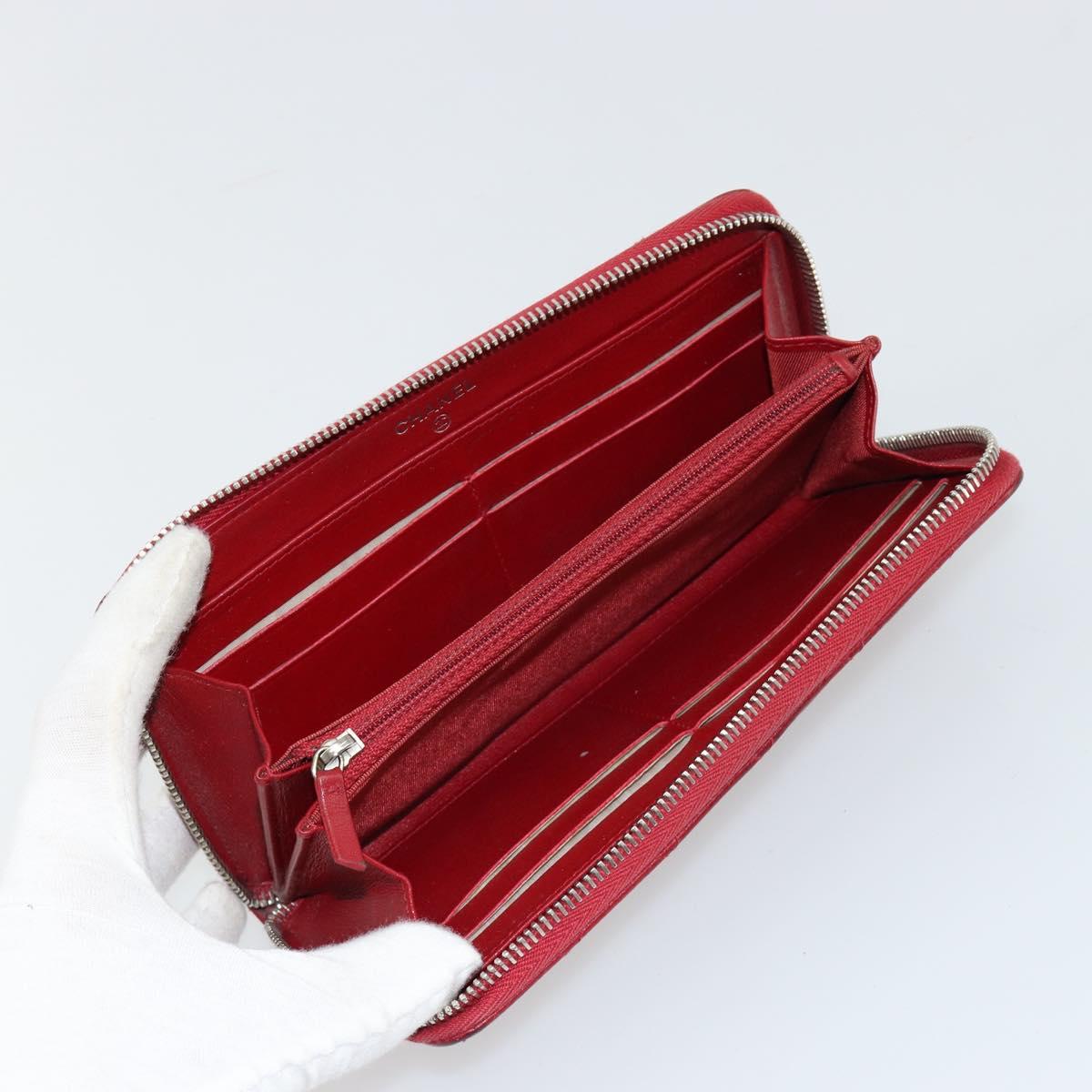 CHANEL Matelasse Long Wallet Caviar Skin Red Silver CC