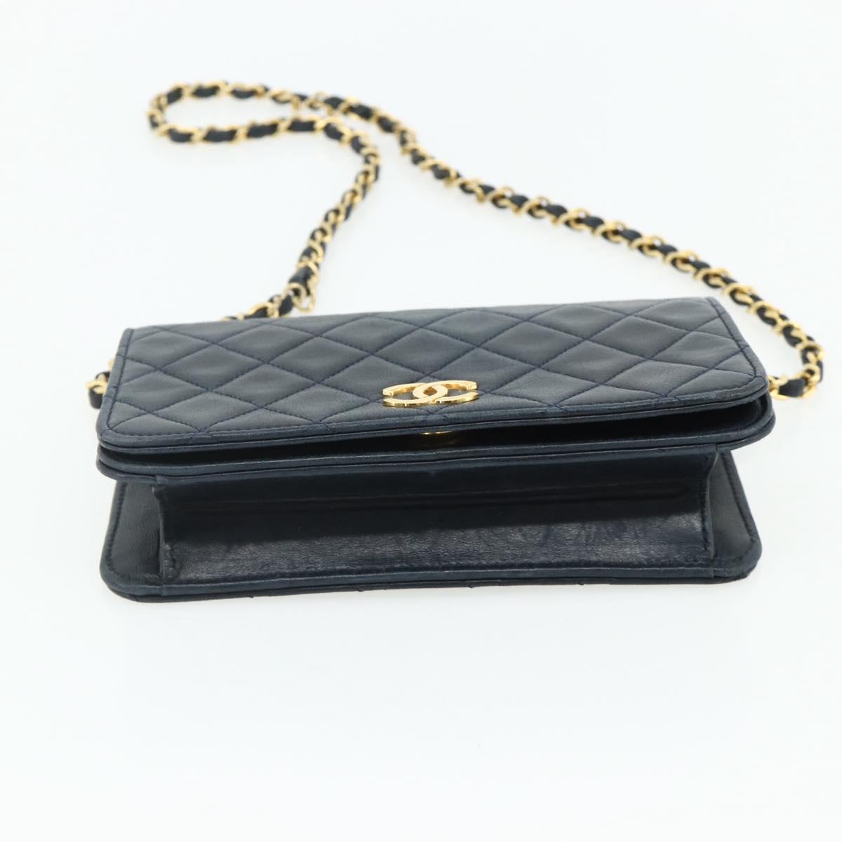 CHANEL Push Lock Chain Shoulder Bag Lambskin Navy Gold CC