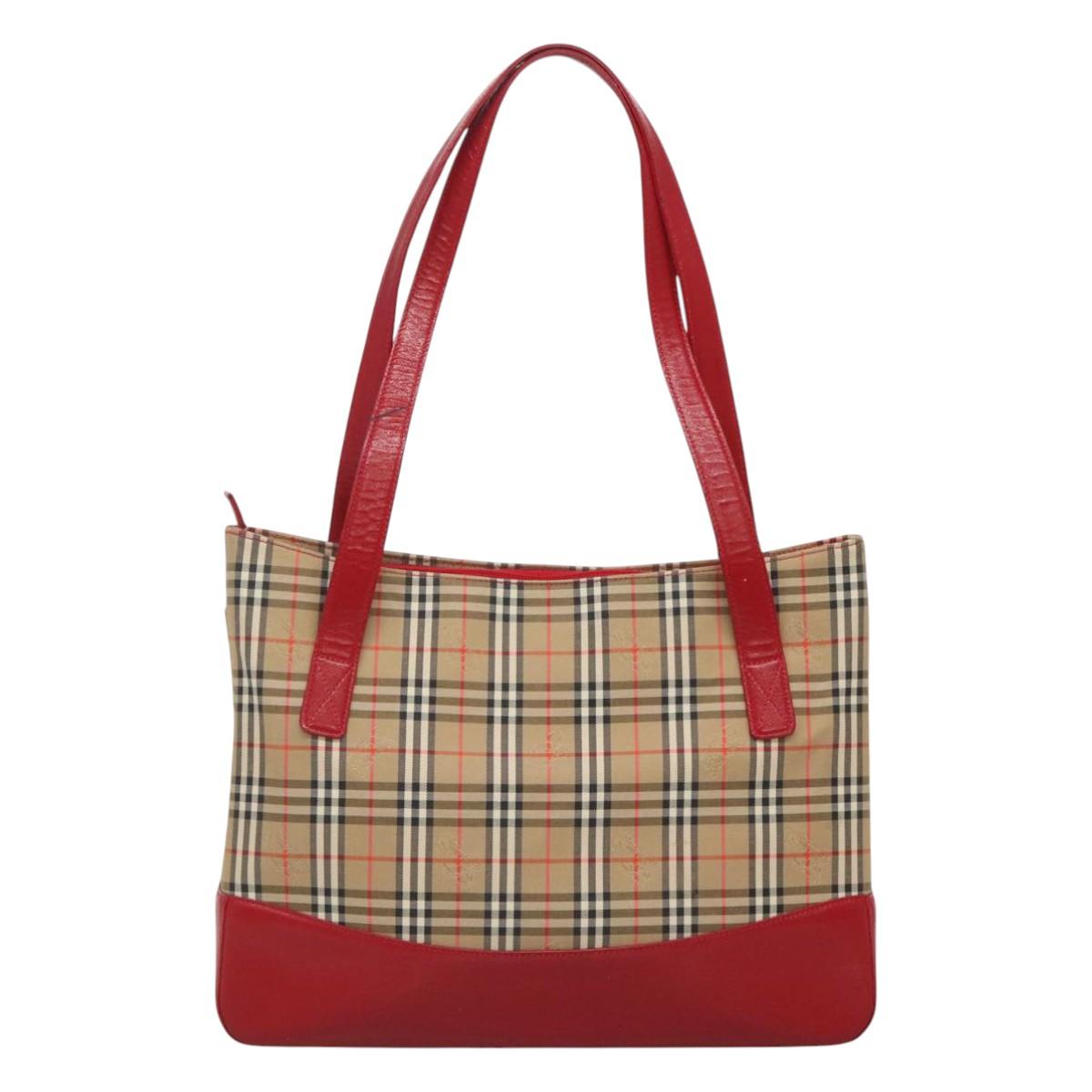 BURBERRY Nova Check Hand Bag Canvas Red Beige Gold