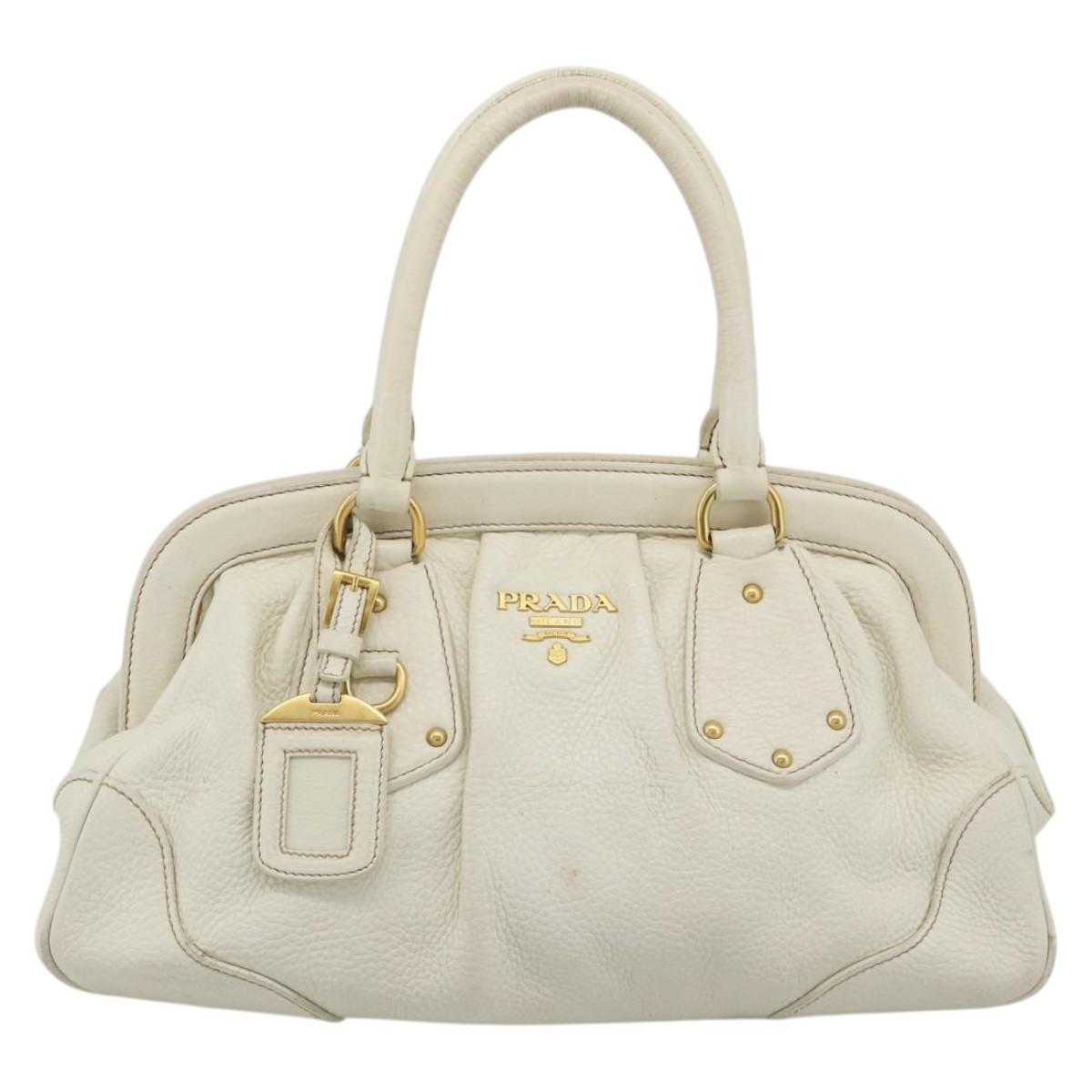 PRADA Hand Bag Vitello Daino Leather White Gold