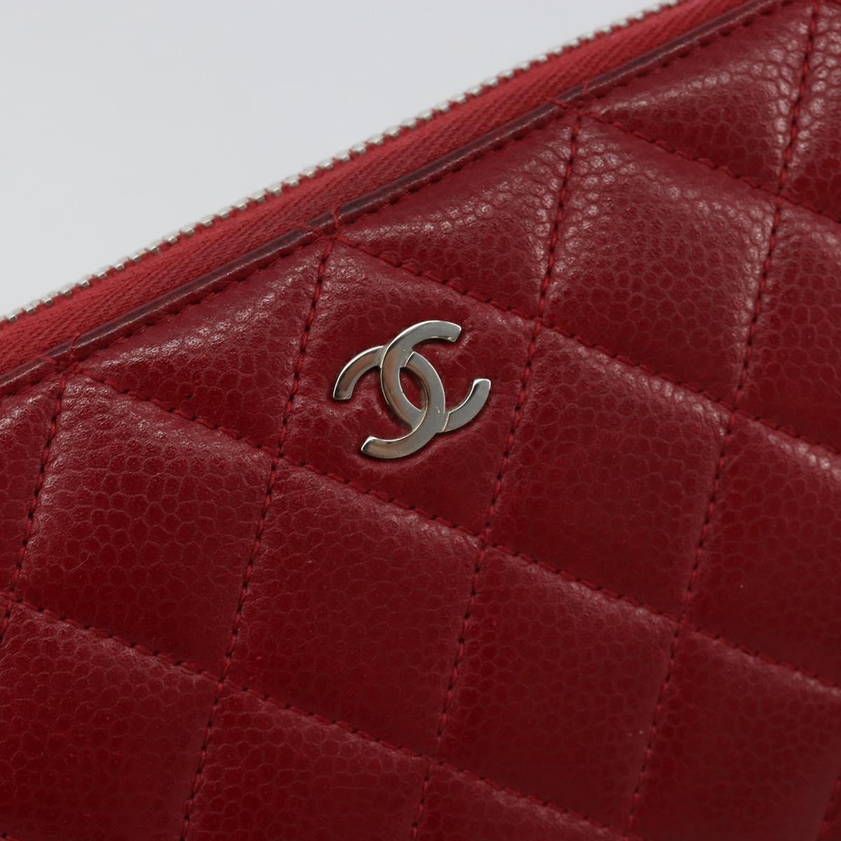 CHANEL Matelasse Long Wallet Caviar Skin Red Silver CC