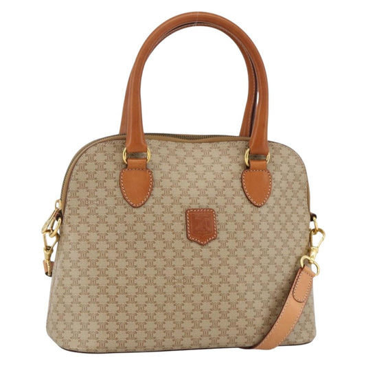 CELINE Two Way Macadam Canvas HandBag Beige Gold Auth