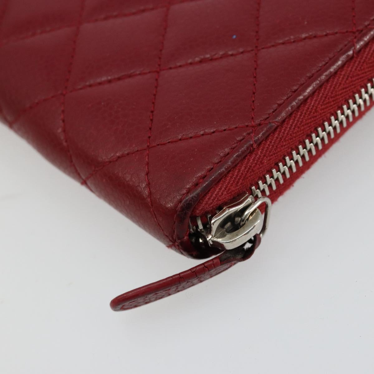 CHANEL Matelasse Long Wallet Caviar Skin Red Silver CC