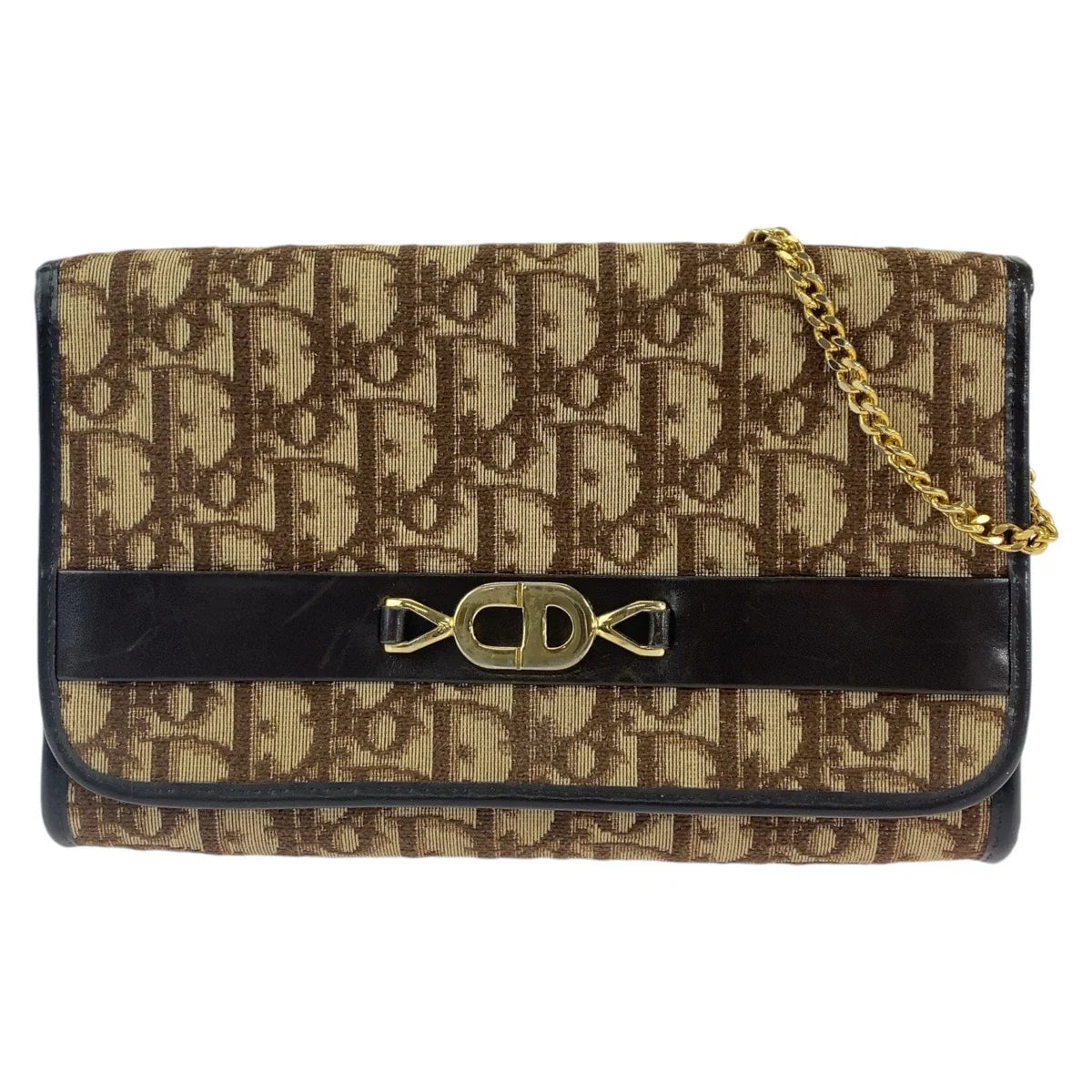 DIOR Canvas Shoulder Wallet on Chain Brown Beige Trotter Women Used Authentic