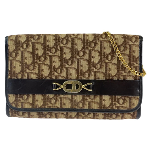 DIOR Canvas Shoulder Wallet on Chain Brown Beige Trotter Women Used Authentic