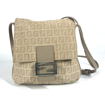 FENDI Shoulder Bag 8BT075 Leather / canvas beige flap logo Zucchino Women Used Authentic
