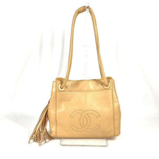 CHANEL Shoulder Bag leather beige vintage CC COCO Mark Fringe Tassel