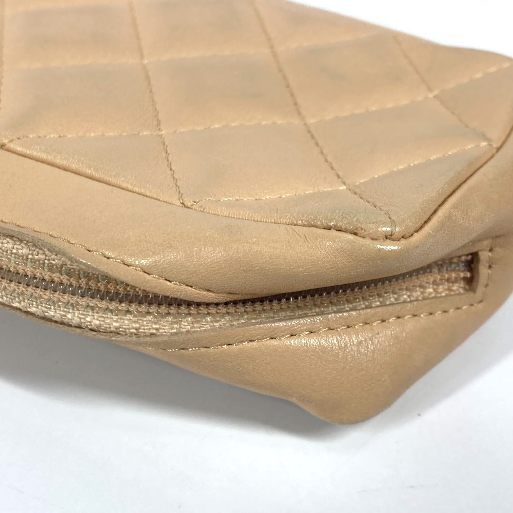 CHANEL Pouch leather beige Cambon line CC COCO Mark logo Women Used Authentic