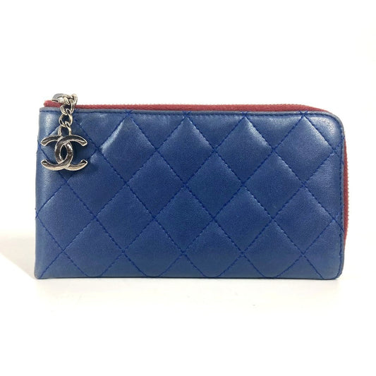 CHANEL Long Wallet Purse leather blue CC COCO Mark logo L-shaped zipper Matelasse quilting