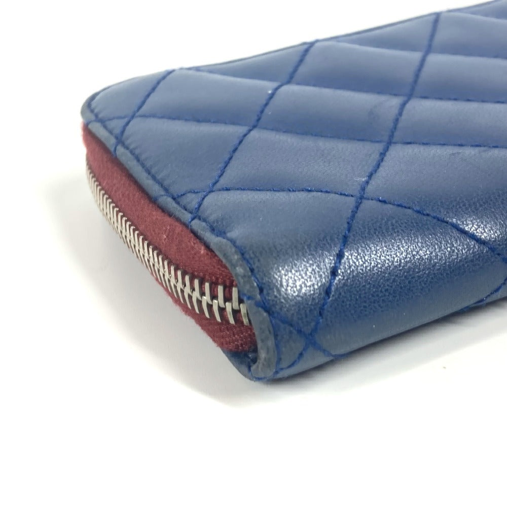 CHANEL Long Wallet Purse leather blue CC COCO Mark logo L-shaped zipper Matelasse quilting
