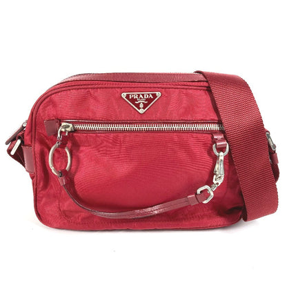PRADA Shoulder Bag Leather / nylon Red Triangle logo plate