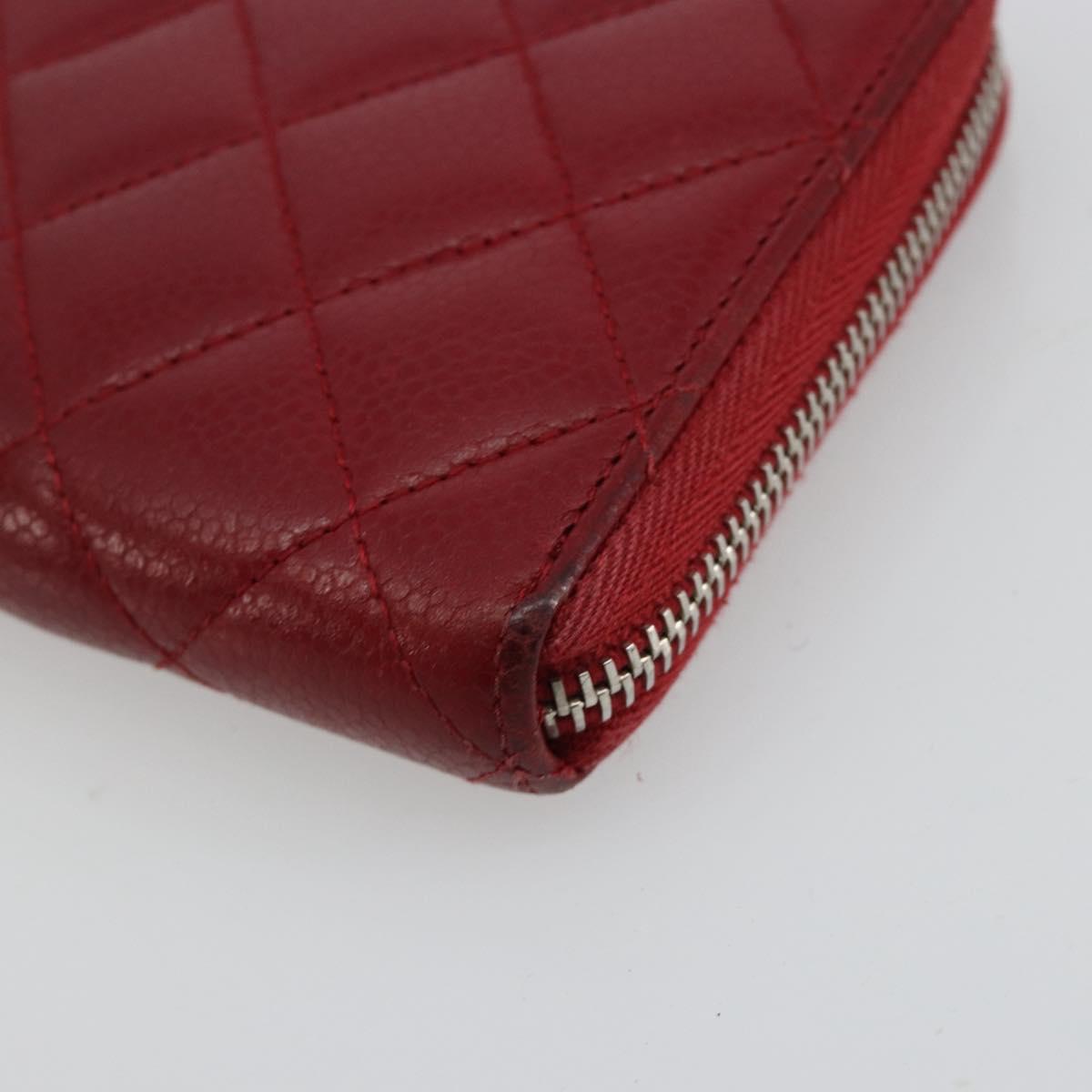 CHANEL Matelasse Long Wallet Caviar Skin Red Silver CC