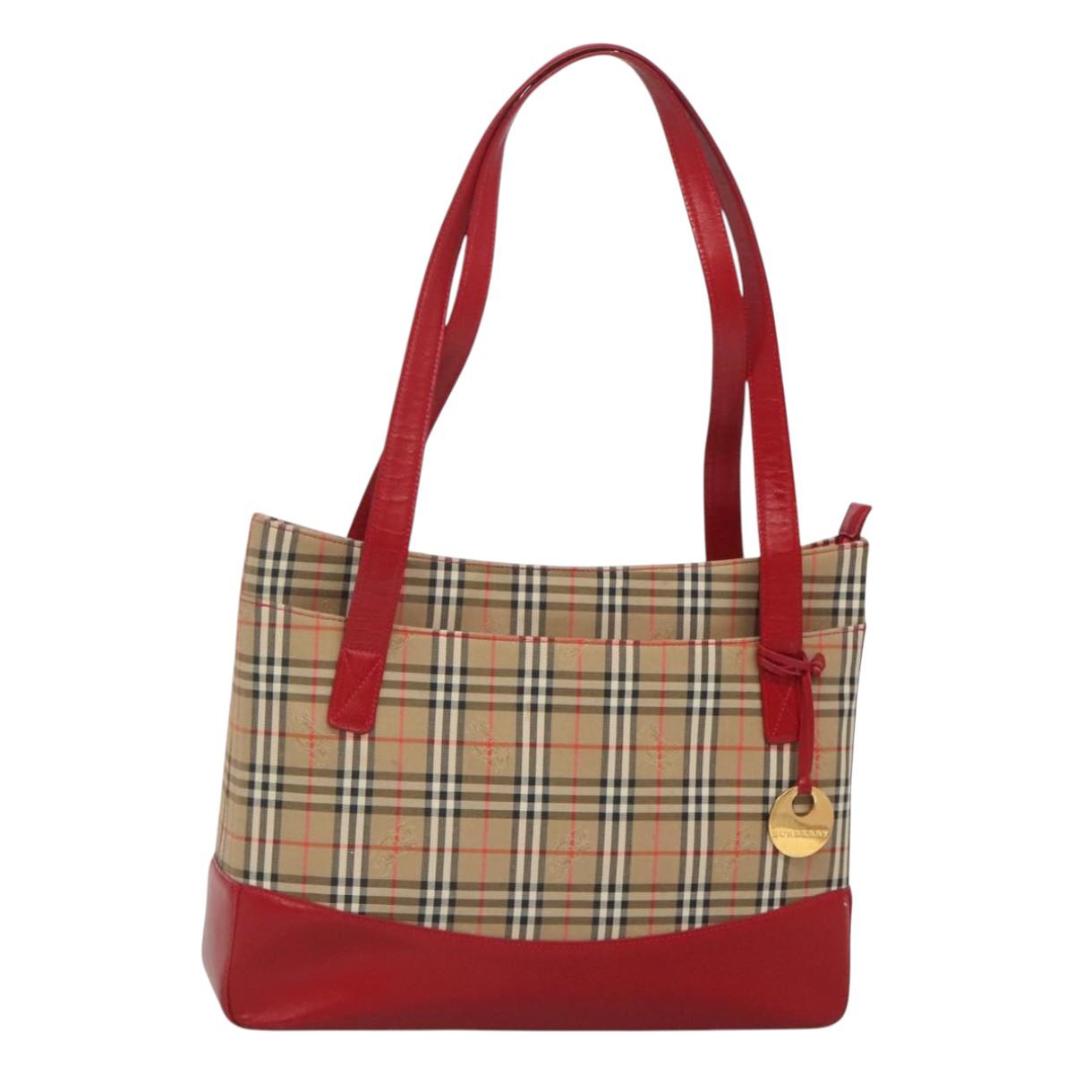 BURBERRY Nova Check Hand Bag Canvas Red Beige Gold
