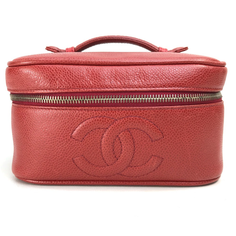 CHANEL Handbag Caviar skin Red x Gold Metal CC COCO Mark Horizontal Cosmetics Pouch Women Used Authentic