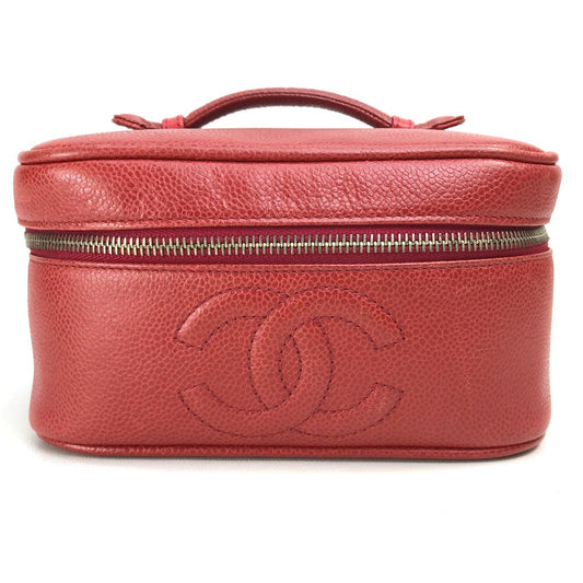 CHANEL Handbag Caviar skin Red x Gold Metal CC COCO Mark Horizontal Cosmetics Pouch Women Used Authentic