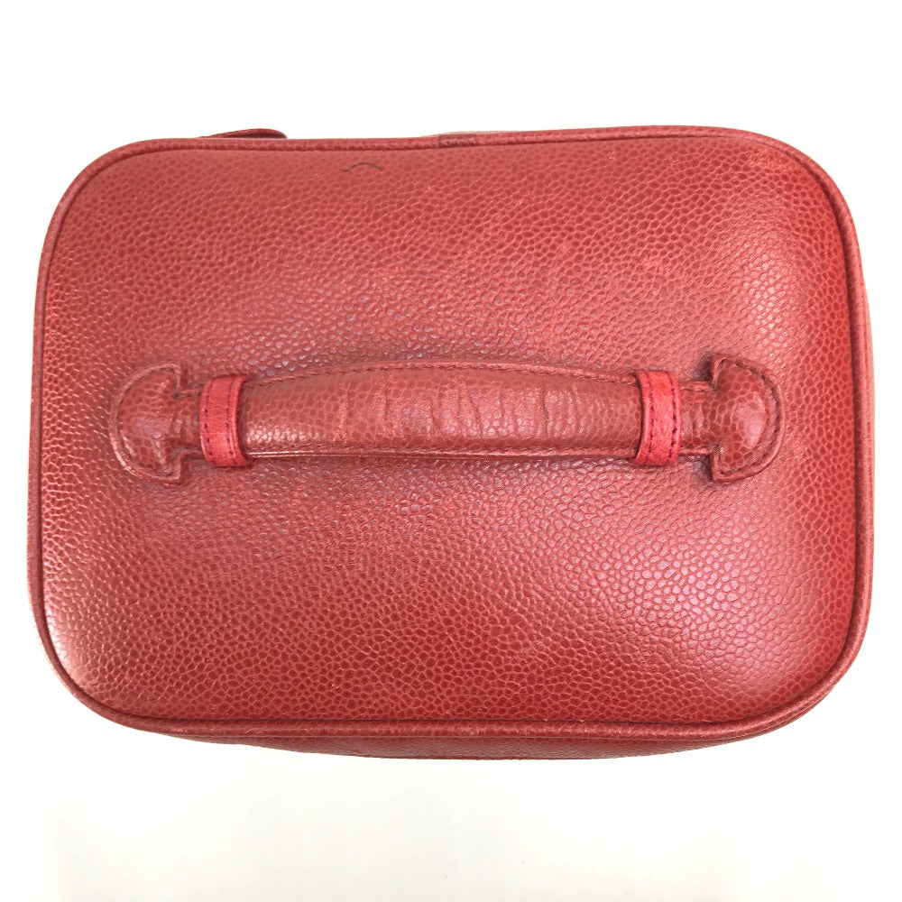 CHANEL Handbag Caviar skin Red x Gold Metal CC COCO Mark Horizontal Cosmetics Pouch Women Used Authentic