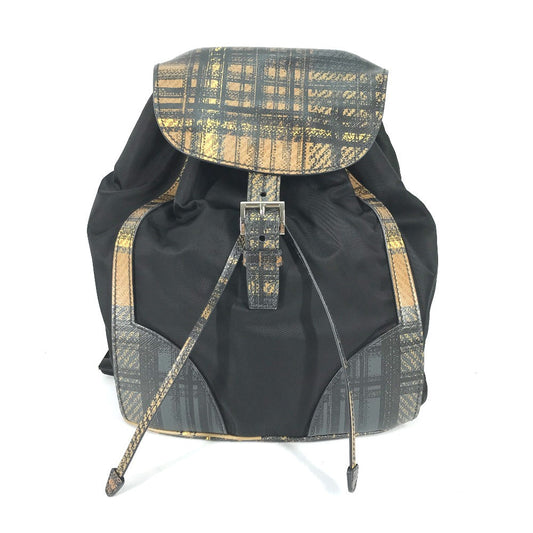 PRADA Backpack 1BZ038 Nylon / leather black Triangle logo plate check mens Used Authentic