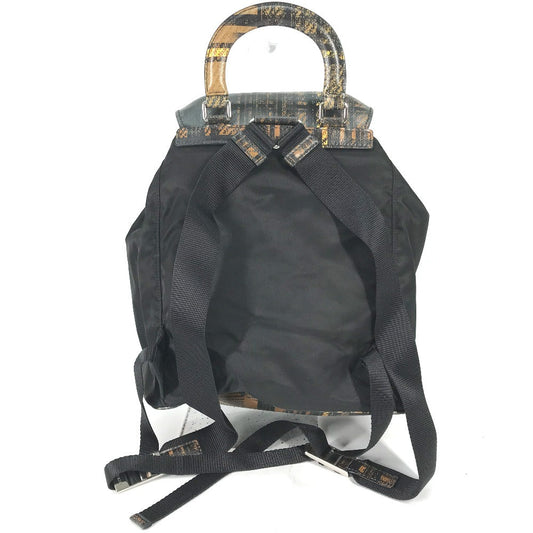 PRADA Backpack 1BZ038 Nylon / leather black Triangle logo plate check mens Used Authentic