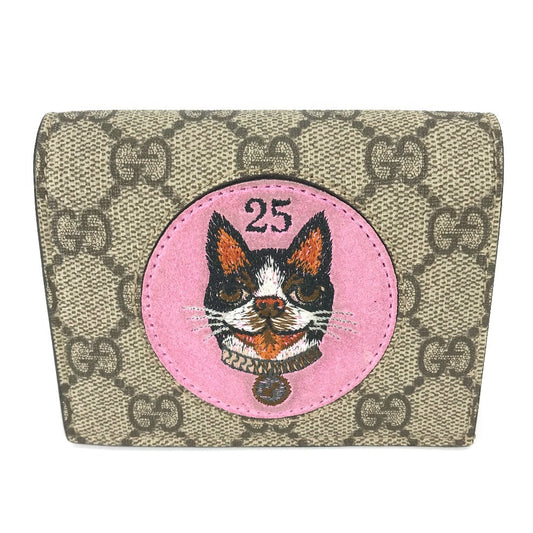 GUCCI Folded wallet 506277 GG Supreme Canvas Beige x pink GG Supreme BOSCO BOSCO applique dog Women Used Authentic