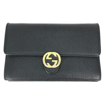 GUCCI Shoulder Bag 510314 leather black Interlocking G Chain wallet Women Used Authentic