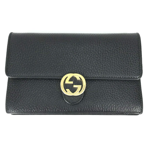 GUCCI Shoulder Bag 510314 leather black Interlocking G Chain wallet Women Used Authentic
